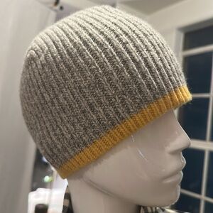 Heather Grey Yellow trim Beanie hat Unisex Lambs WOOL. Warm. Hand wash